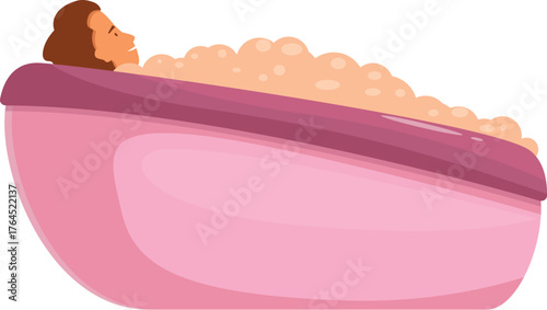 Woman enjoying a relaxing bath in a pink bathtub filled with foam bubbles