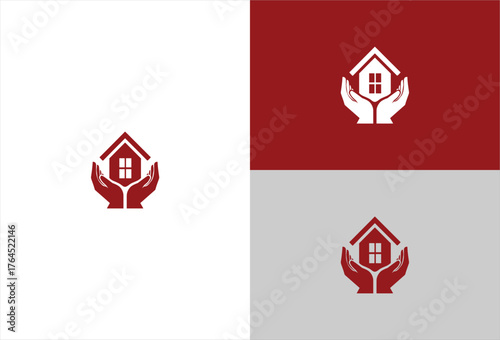 House symbol cradled by hands, in red and white on multiple backgrounds