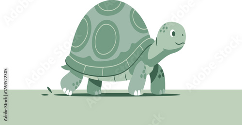 Flat vector illustration of a green turtle walking on grass, created with smooth lines and soft green tones in a minimalist and eco-friendly style.