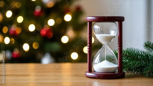 Hourglass with sand falling on a wooden table, against a blurred background of Christmas tree lights and ornaments