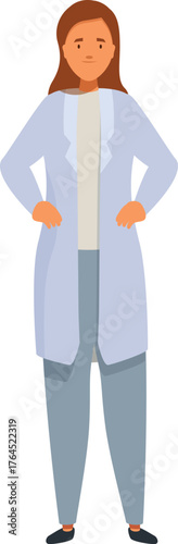 Young female doctor standing confidently with hands on her hips, representing healthcare professionalism
