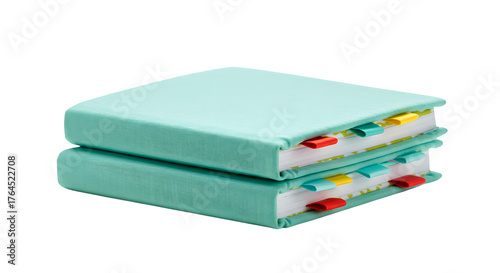 BABY TOYS - Stack of two turquoise binders with multicolored tabs on white background, perfect for office organization and school supplies