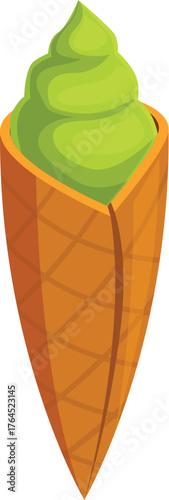 Creamy pistachio ice cream swirls atop a crispy waffle cone, offering a delightful summer treat