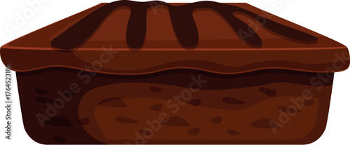 Freshly baked brownie with chocolate syrup drizzled on top, isolated on white