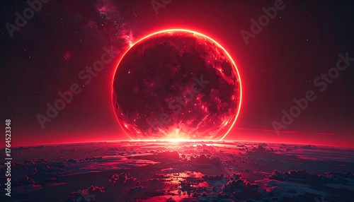 A colossal red planet eclipsing clouds in space, radiating light and intense energy