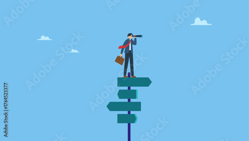 Smart businessman look through spyglass or binoculars to discover solution. Search for right direction, business opportunity or success way, make decision or career path, vision to see future.