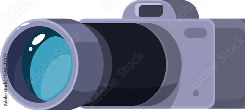 Gray digital camera with prominent lens, ready to capture images and videos