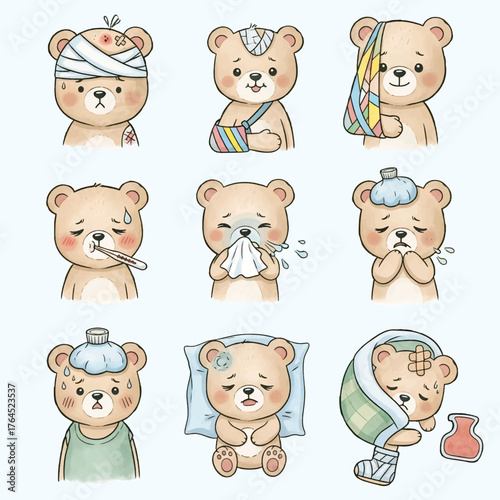 Cute Watercolor Set of Sick and Injured Teddy Bears