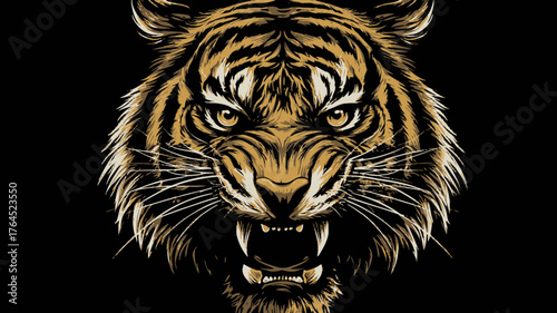 Powerful roaring tiger head illustration with golden stripes and aggressive expression, fangs bared on a dark background, symbol of strength.