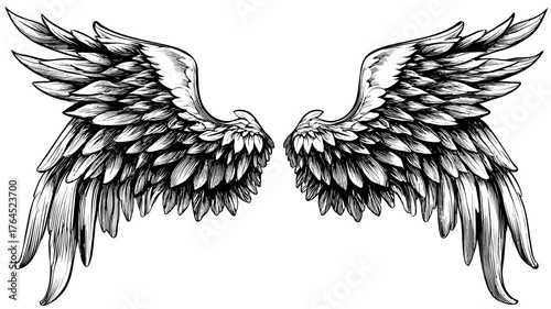 Detailed black and white stylized wings illustration, perfect graphic design element symbolizing freedom, flight, and angelic concepts