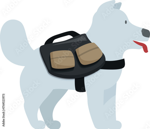 Cartoon illustration of a white dog wearing a backpack, standing and panting, side view