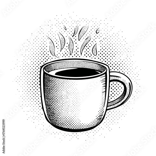 Vintage style coffee mug illustration with hot steaming beverage, hand-drawn black and white sketch art with halftone dots.