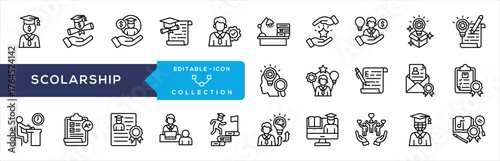 Scholarship Line Icon Collection. Scholarship, Financial Aid, Tuition Assistance, Partial Scholarship, Dedication