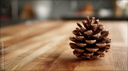 Butcher Block Countertop. Beautiful Fall Background with Single Pine Cone