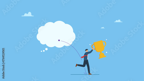 Businessman with success trophy jump from think bubble to reality. Turn dream to reality, creative or imagination to be success, aspiration, motivation to think big and achieve business goal.