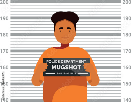 Criminal holding mugshot sign against height chart background