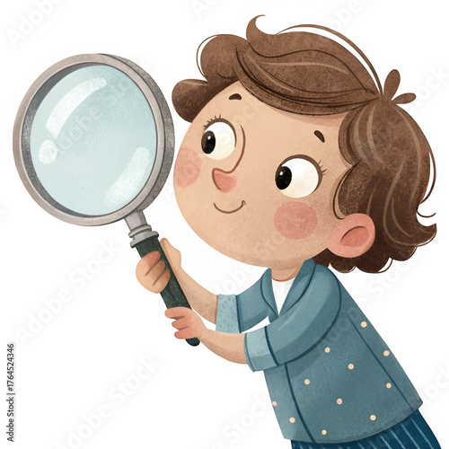 Child holding magnifying glass isolated on transparent background