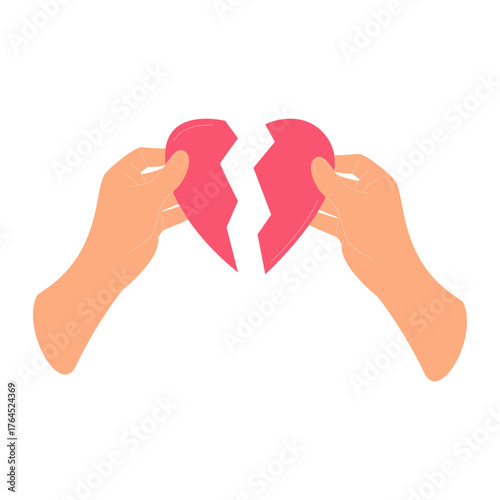 Disappointment in love, breakup, broken heart. Two hands holding halves of broken heart. Isolated illustration on white background.