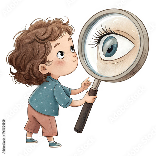 Child holding magnifying glass isolated on transparent background