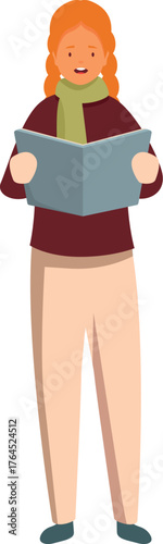 Redhead girl wearing winter clothes singing christmas carols holding a songbook