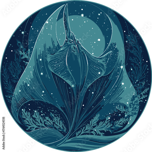 Stylized Deep Ocean Manta Ray Illustration, Mystical Underwater Scene with Starry Elements and Aquatic Plants, Marine Life Art