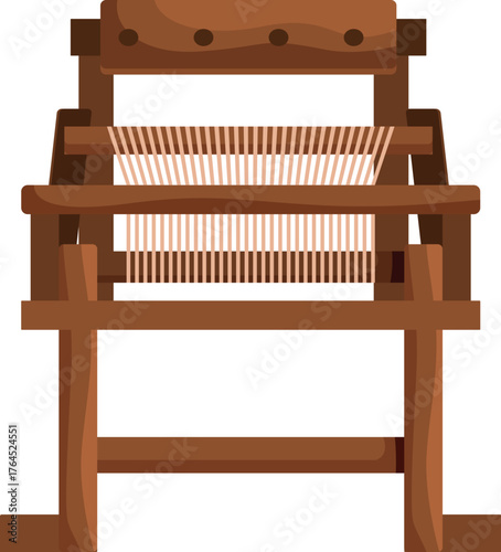 Wooden hand loom weaving machine creating textile with brown threads, traditional equipment for handmade fabric production