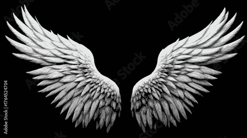 Majestic white feathered wings isolated on a deep black background, symbolizing freedom, divinity, and a heavenly aura.