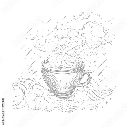 Whimsical monochrome sketch: Hand-drawn coffee cup overflowing with frothy clouds, steam, and surreal ocean waves, conceptual beverage art.