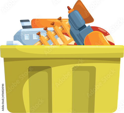 Yellow plastic toy box overflowing with various colorful children's toys, promoting organization and playtime fun