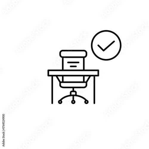 Work desk with computer chair and checkmark. Organised workspace, completed tasks. Pixel perfect, editable stroke vector icon