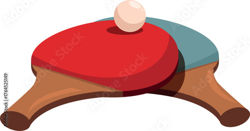Two table tennis rackets holding a ping pong ball on white background