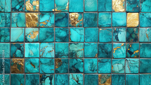 Turquoise mosaic tiles with gold accents, reflective surface