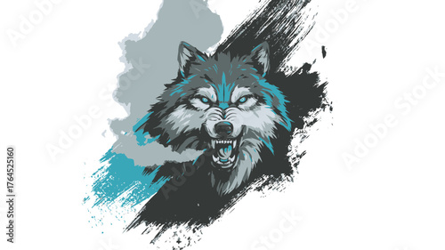 Stylized aggressive wolf head with bared teeth and glowing blue eyes amidst abstract brushstrokes, depicting raw power and wild nature.