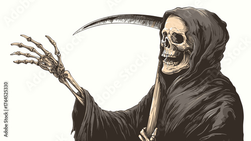 Gothic Grim Reaper illustration with skeletal hand reaching, holding a scythe, symbolizing death, mortality, fear, and Halloween concept