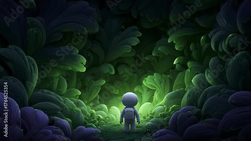 Astronaut Exploring Unknown Green Plant Planet