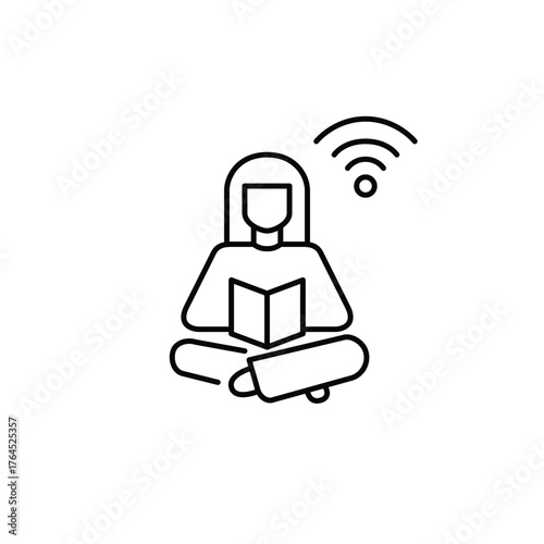 Woman reading a book and wi-fi. E-learning, online education and library connection. Pixel perfect, editable stroke vector icon