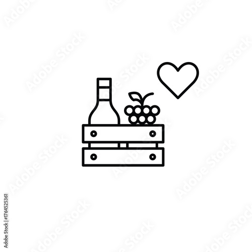 Wine bottle, grapes, wooden crate and heart. Quality drinks, approved alcohol. Customer favorites. Pixel perfect, editable stroke vector icon