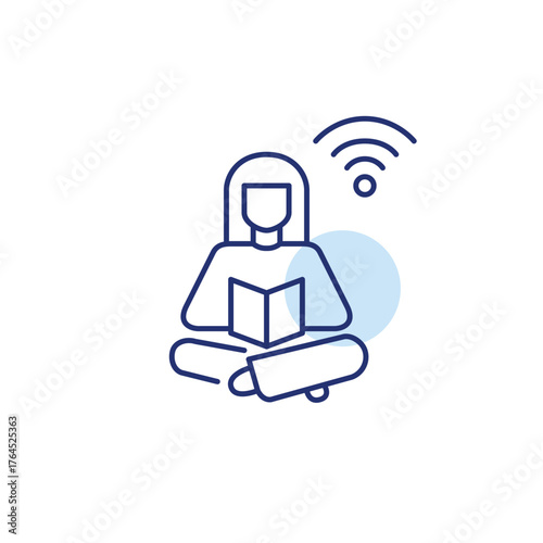 Woman reading a book and wi-fi. E-learning, online education and library connection. Pixel perfect, editable stroke vector icon