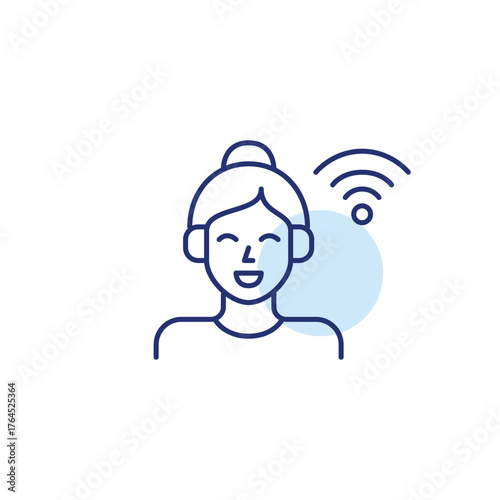 Woman wearing headphones and wi-fi. Podcast, audio and wireless listening. Pixel perfect, editable stroke vector icon