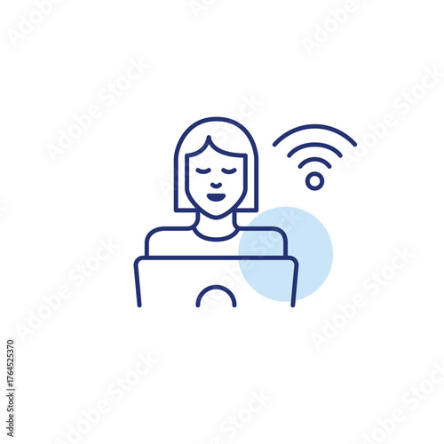 Woman working at laptop and wifi. Online productivity, remote learning and job. Pixel perfect, editable stroke vector icon