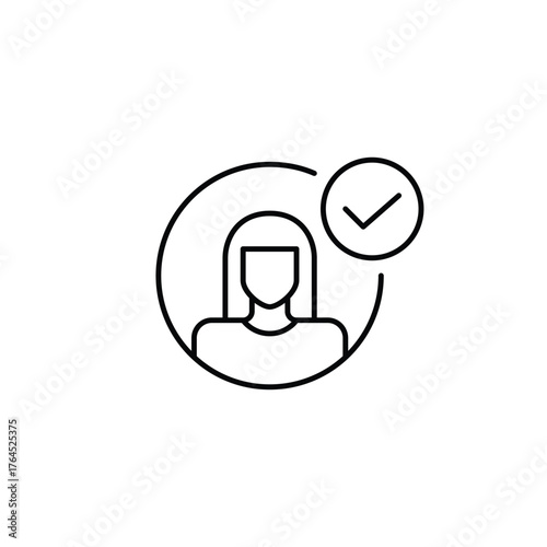 Female user with checkmark, verified access, secure profile. Pixel perfect, editable stroke vector icon