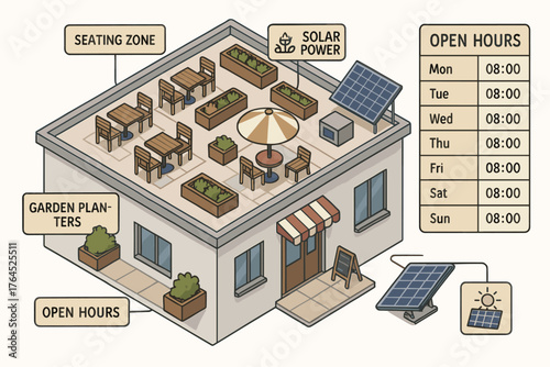 Eco-friendly rooftop cafe with solar panels and garden planters