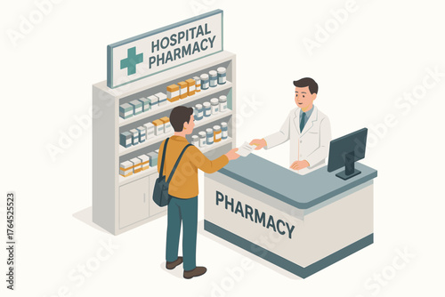 Asian male pharmacist assisting young adult caucasian male at hospital pharmacy counter