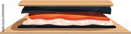 Traditional japanese pressed sushi with salmon and rice being prepared with a wooden mold called oshibako