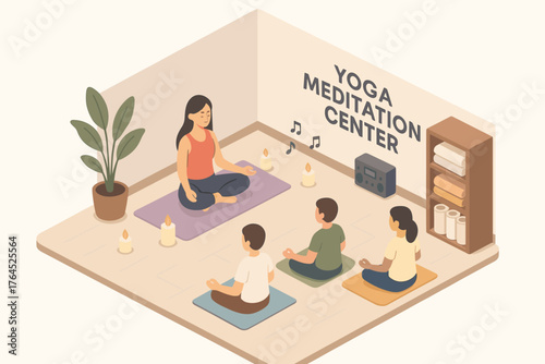 Female instructor leading children in yoga meditation session in a tranquil center