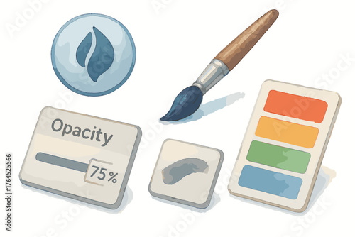 Digital art tools: brush, opacity slider, color palette, and leaf icon illustration
