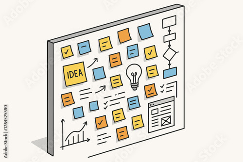 Creative brainstorming wall with sticky notes and flowchart drawings