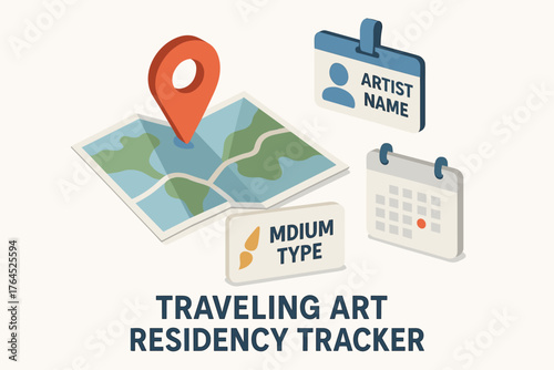 Traveling art residency map with artist name and calendar