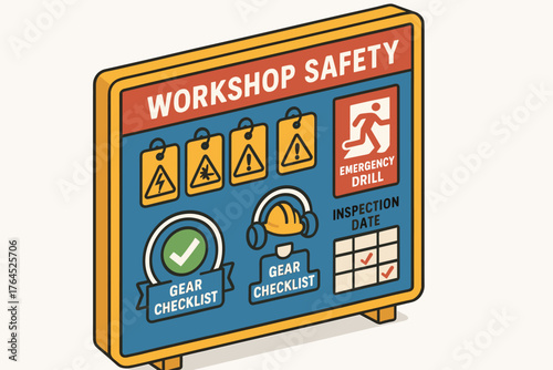 Workshop safety sign with emergency drill and gear checklist icons