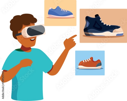 Customer enjoying virtual shopping experience, browsing footwear options in metaverse